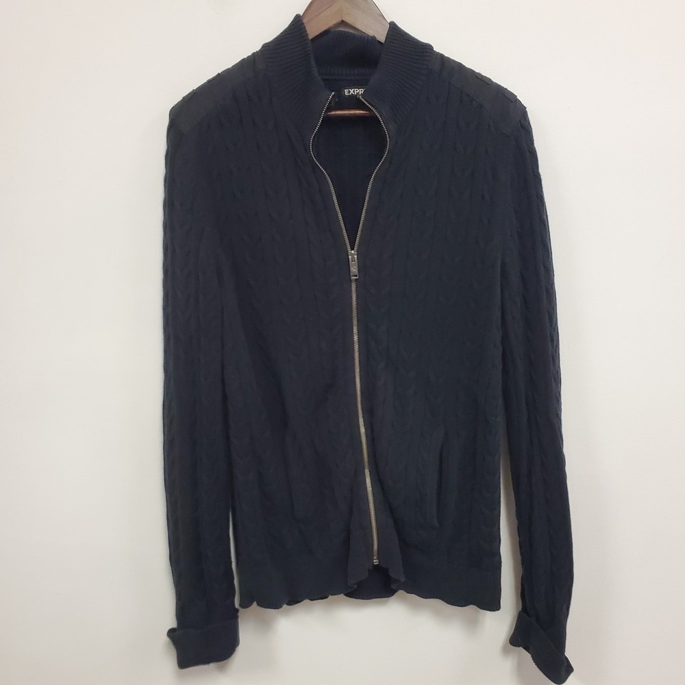 Express Mens Y2K Cable Knit Full‎ Zip Sweater Size L Black Preppy Academia Cozy